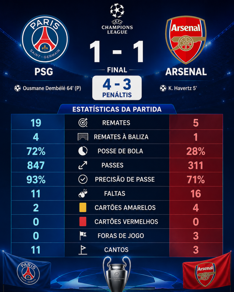 Estatísticas PSG vs Arsenal na final da UEFA Champions League 2025/26