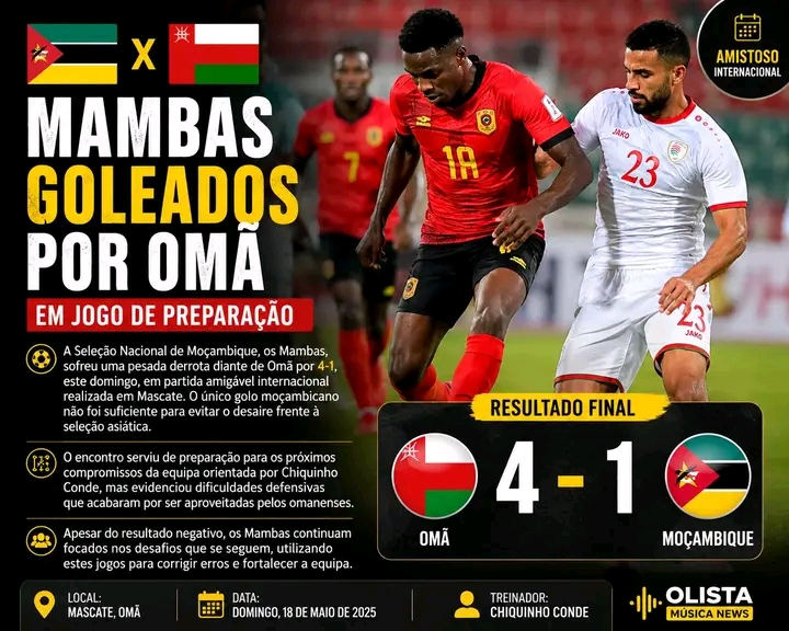 A Seleção Nacional de Moçambique, conhecida como os Mambas, sofreu uma derrota por 4-1 frente à seleção de Omã, este domingo, num jogo amigável internacional realizado em Mascate.